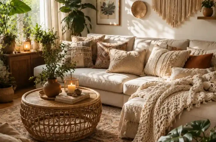 Cozy boho living room with layered textures, indoor plants, woven decor, and warm neutral tones