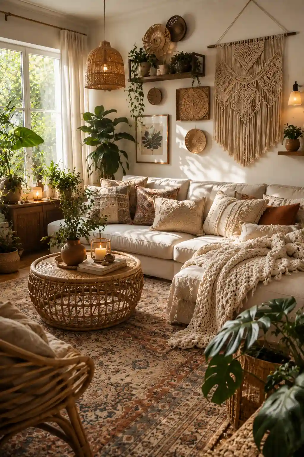 Cozy boho living room with layered textures, indoor plants, woven decor, and warm neutral tones