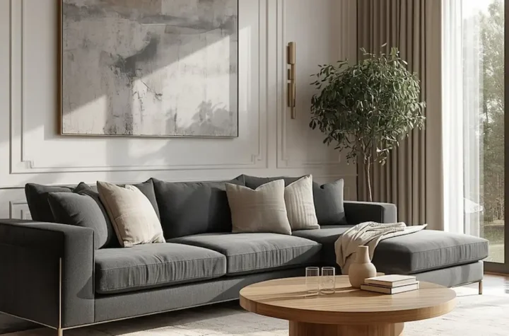 Chic grey living room with modern neutral decor and elegant styling