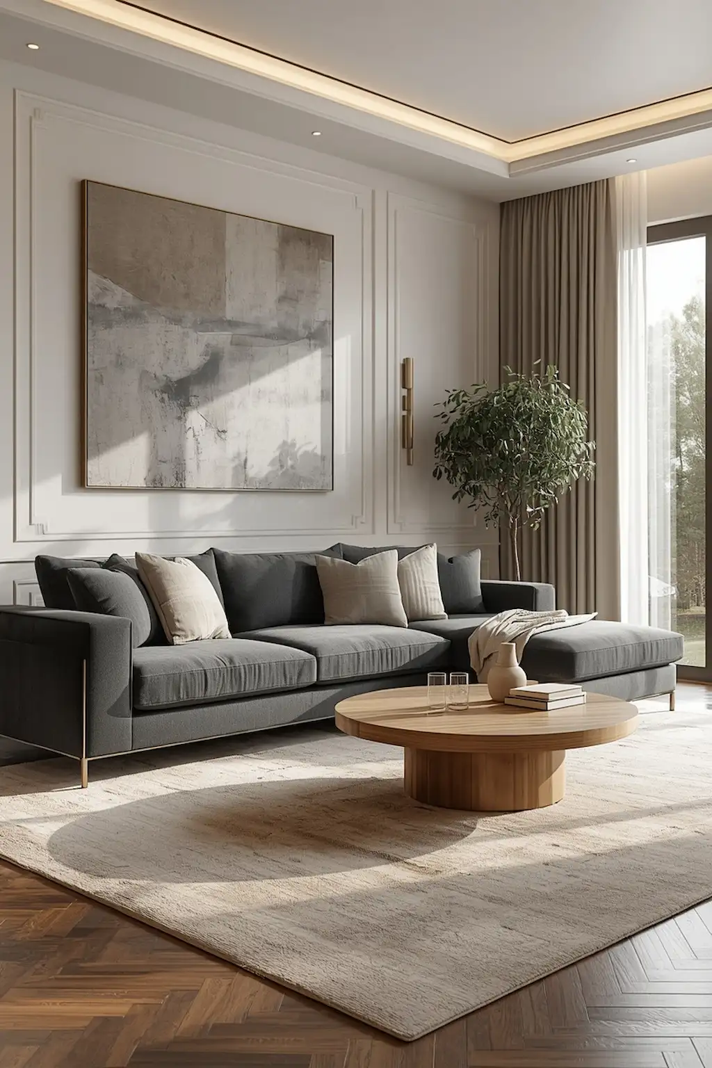Chic grey living room with modern neutral decor and elegant styling