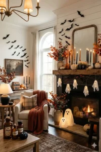 Stylish DIY spooky season home decor with pumpkins candles and ghost decorations