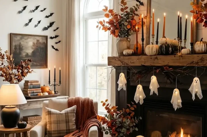 Stylish DIY spooky season home decor with pumpkins candles and ghost decorations