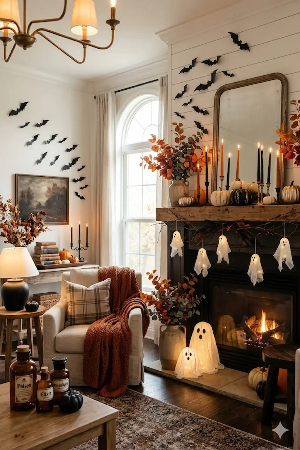 Stylish DIY spooky season home decor with pumpkins candles and ghost decorations
