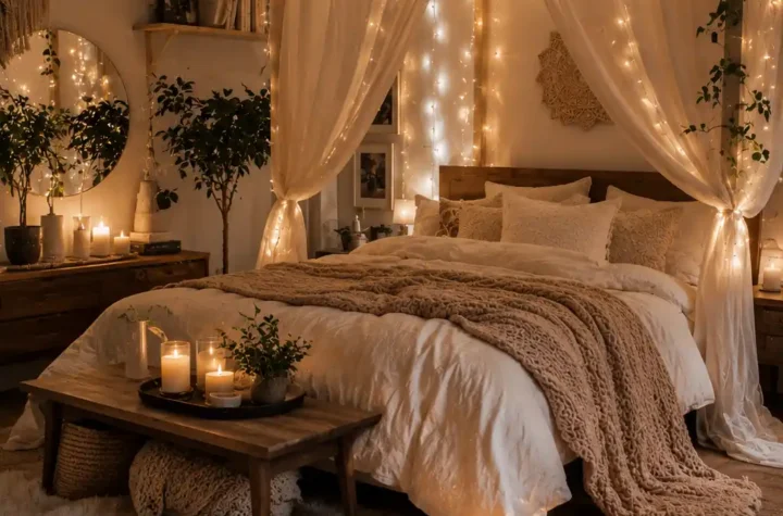 Cozy fairy light bedroom with warm glowing string lights, soft bedding, and dreamy decor