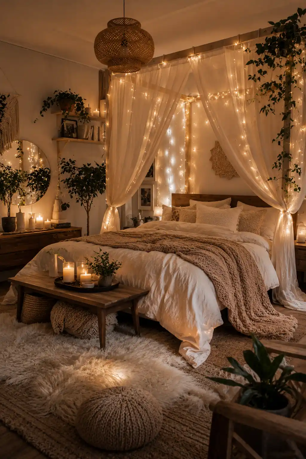Cozy fairy light bedroom with warm glowing string lights, soft bedding, and dreamy decor