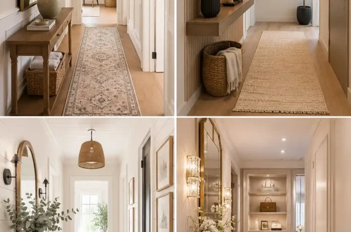Stylish small hallway with mirror, console table, runner rug, and modern storage solutions