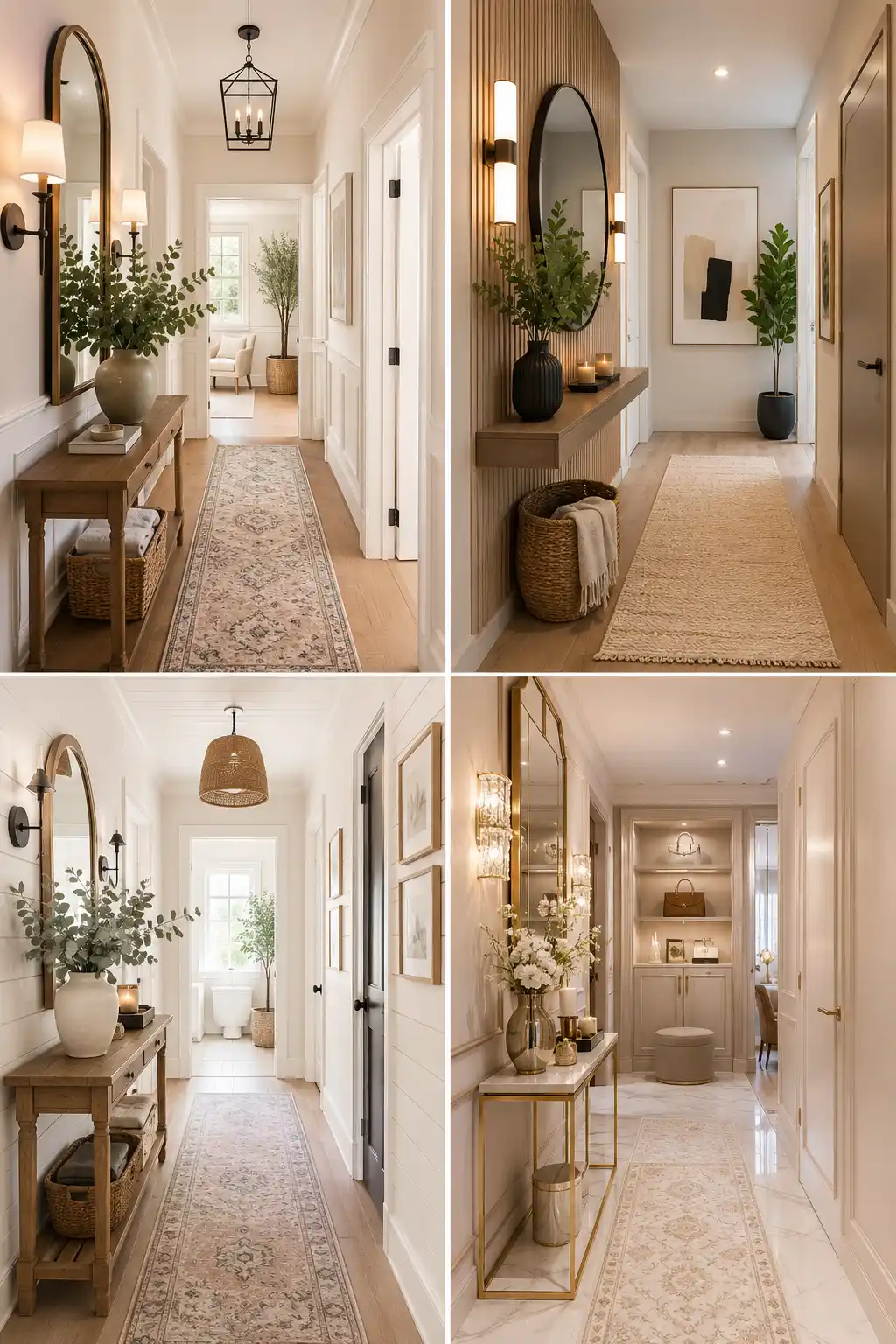Stylish small hallway with mirror, console table, runner rug, and modern storage solutions