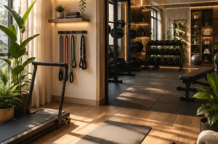 Modern stylish home gym setup in a small room with workout equipment, mirrors, indoor plants, and cozy lighting