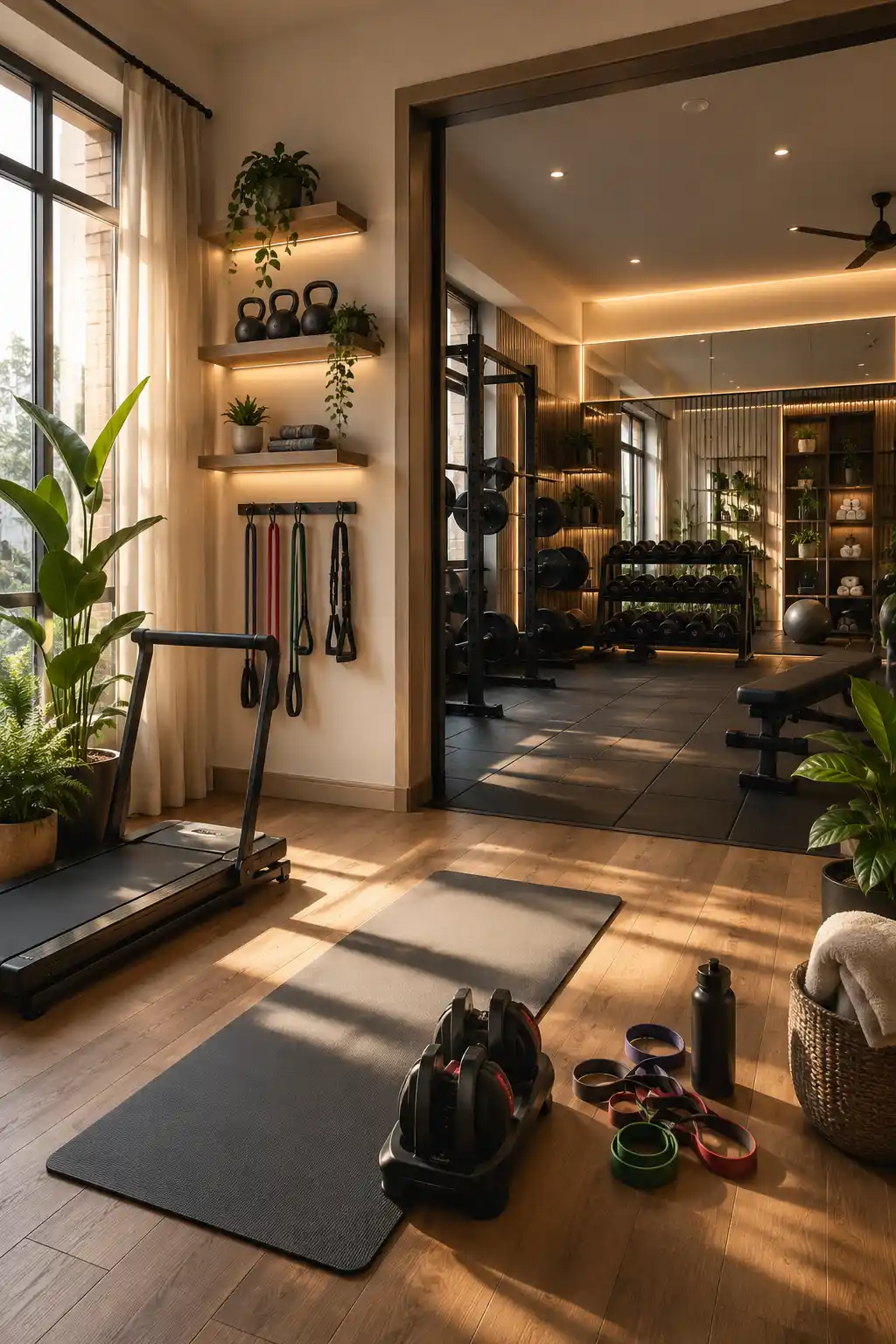 Modern stylish home gym setup in a small room with workout equipment, mirrors, indoor plants, and cozy lighting
