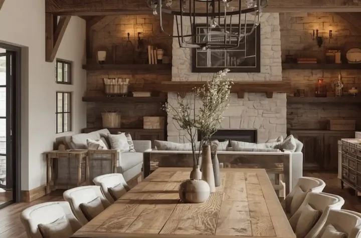 Beautiful rustic dining room featuring a reclaimed wood dining table, exposed beams, warm lighting, natural textures, and cozy farmhouse-inspired decor