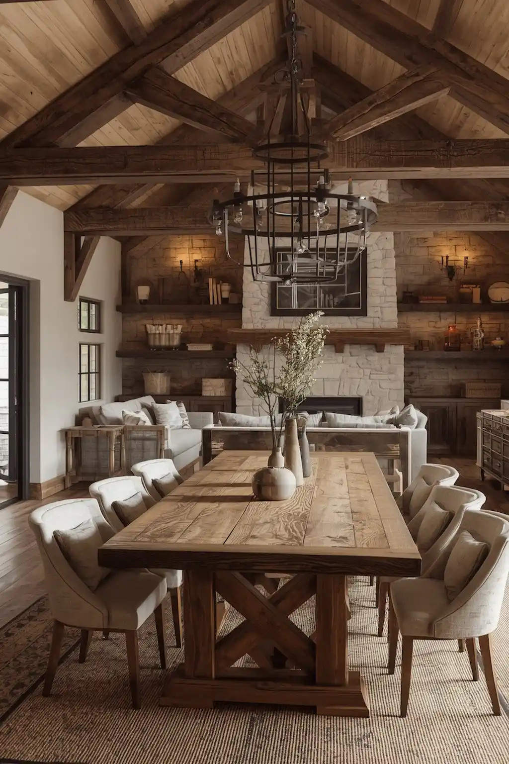 Beautiful rustic dining room featuring a reclaimed wood dining table, exposed beams, warm lighting, natural textures, and cozy farmhouse-inspired decor