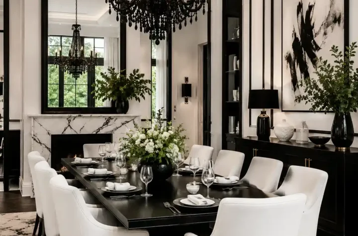 Elegant black and white dining room with modern furniture and statement lighting