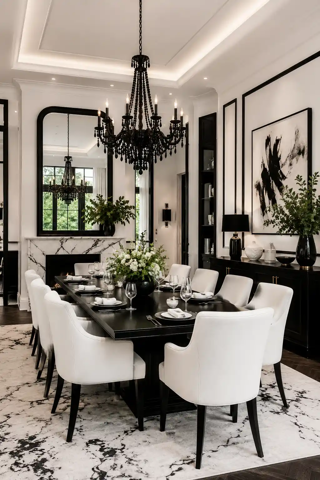 Elegant black and white dining room with modern furniture and statement lighting