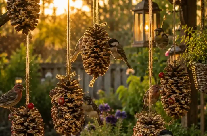 Rustic backyard scene with pine cone bird feeders hanging from trees and birds feeding