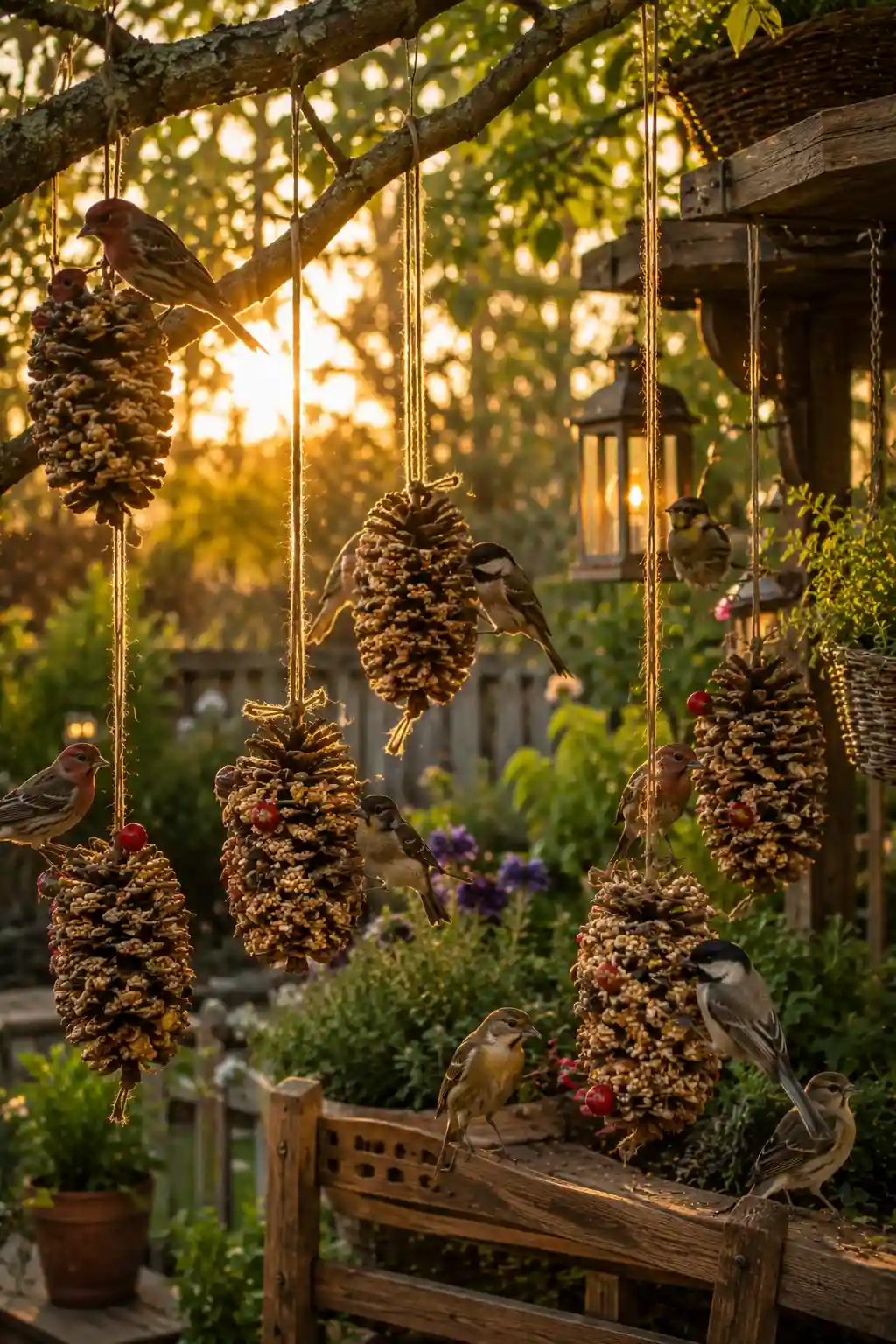 Rustic backyard scene with pine cone bird feeders hanging from trees and birds feeding