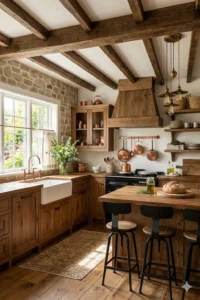 Rustic kitchen with reclaimed wood cabinets exposed beams and farmhouse decor