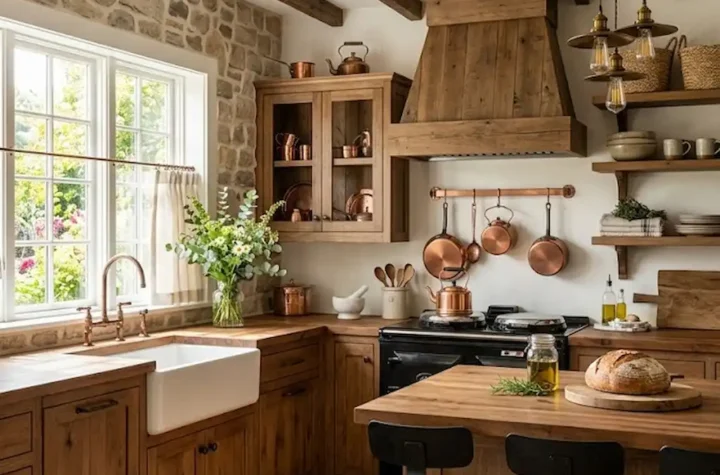 Rustic kitchen with reclaimed wood cabinets exposed beams and farmhouse decor