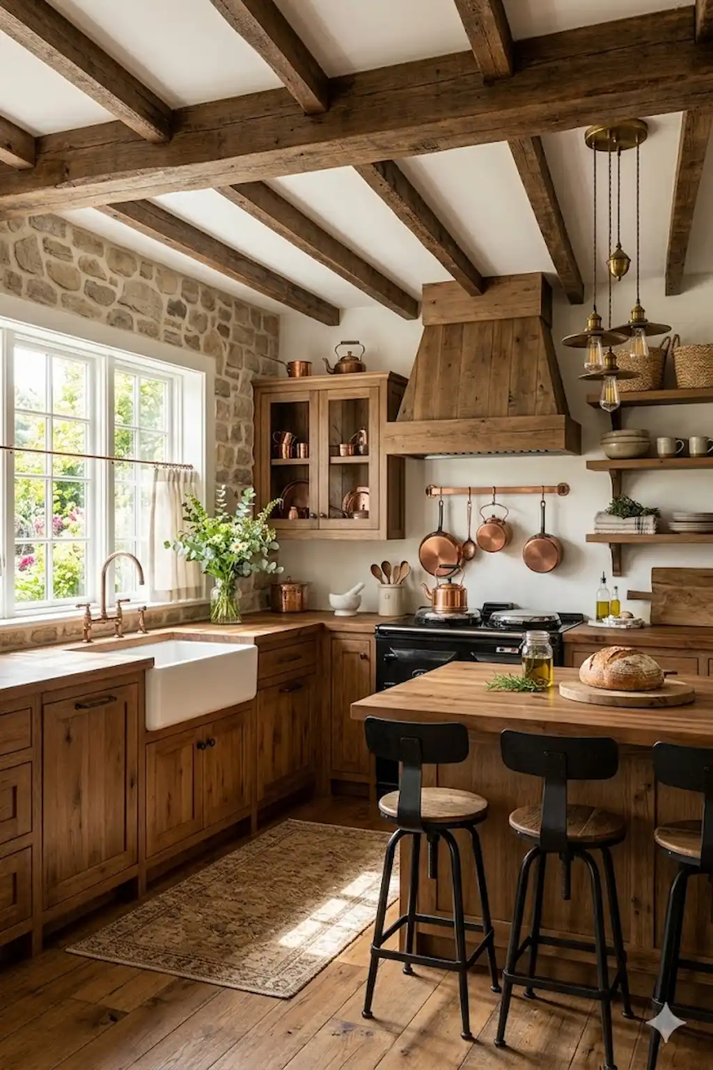 Rustic kitchen with reclaimed wood cabinets exposed beams and farmhouse decor
