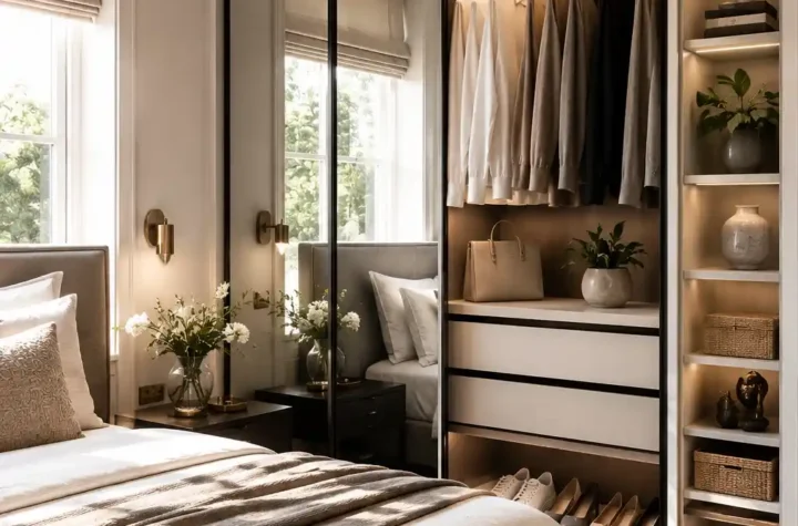 Modern small wardrobe with smart storage and elegant organization