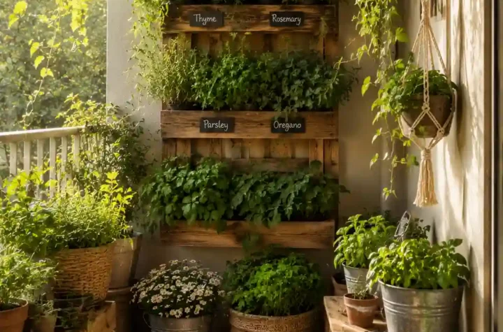 Creative vertical garden with hanging plants, pallet planters, and greenery in a small balcony space