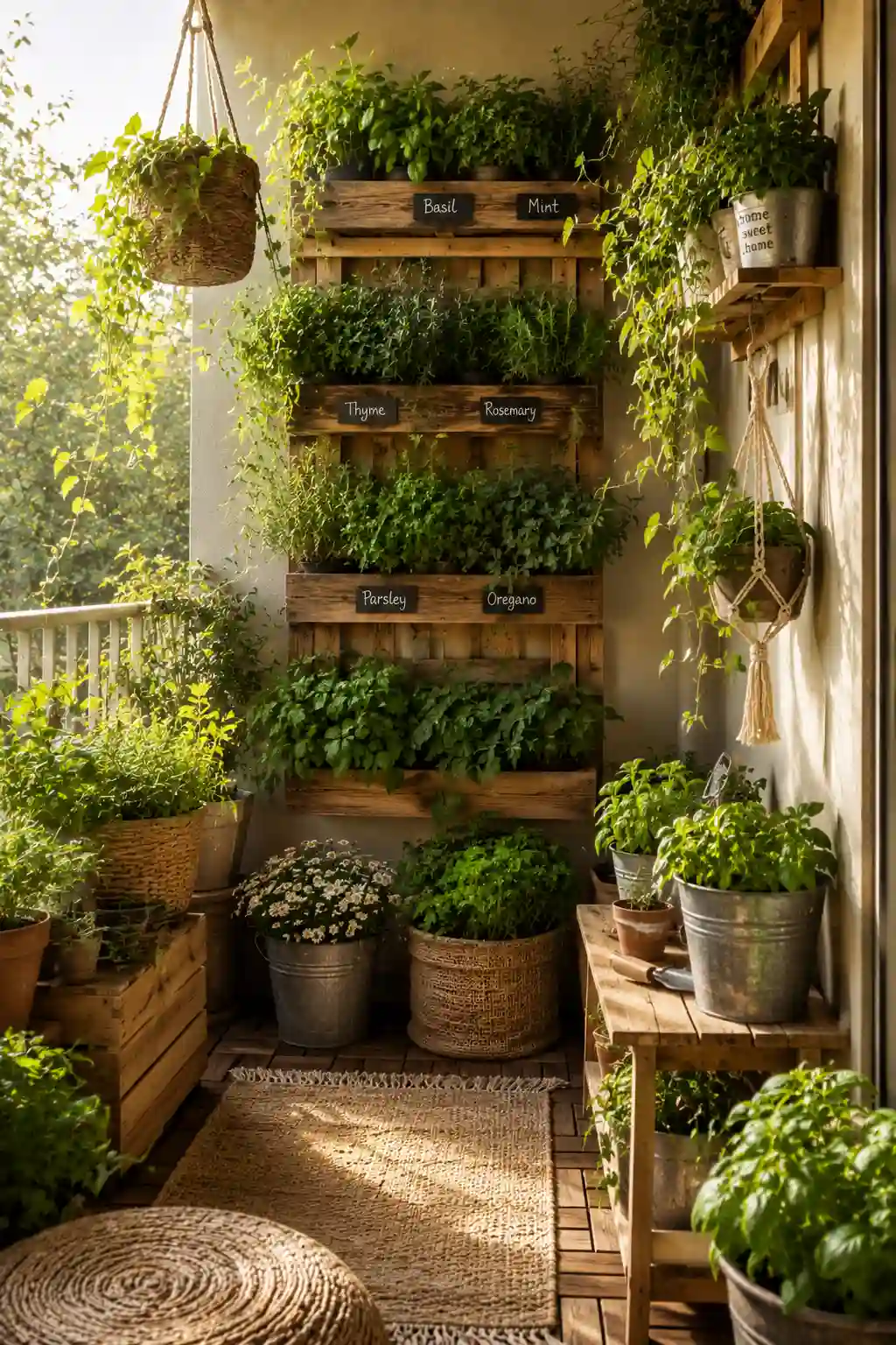 Creative vertical garden with hanging plants, pallet planters, and greenery in a small balcony space