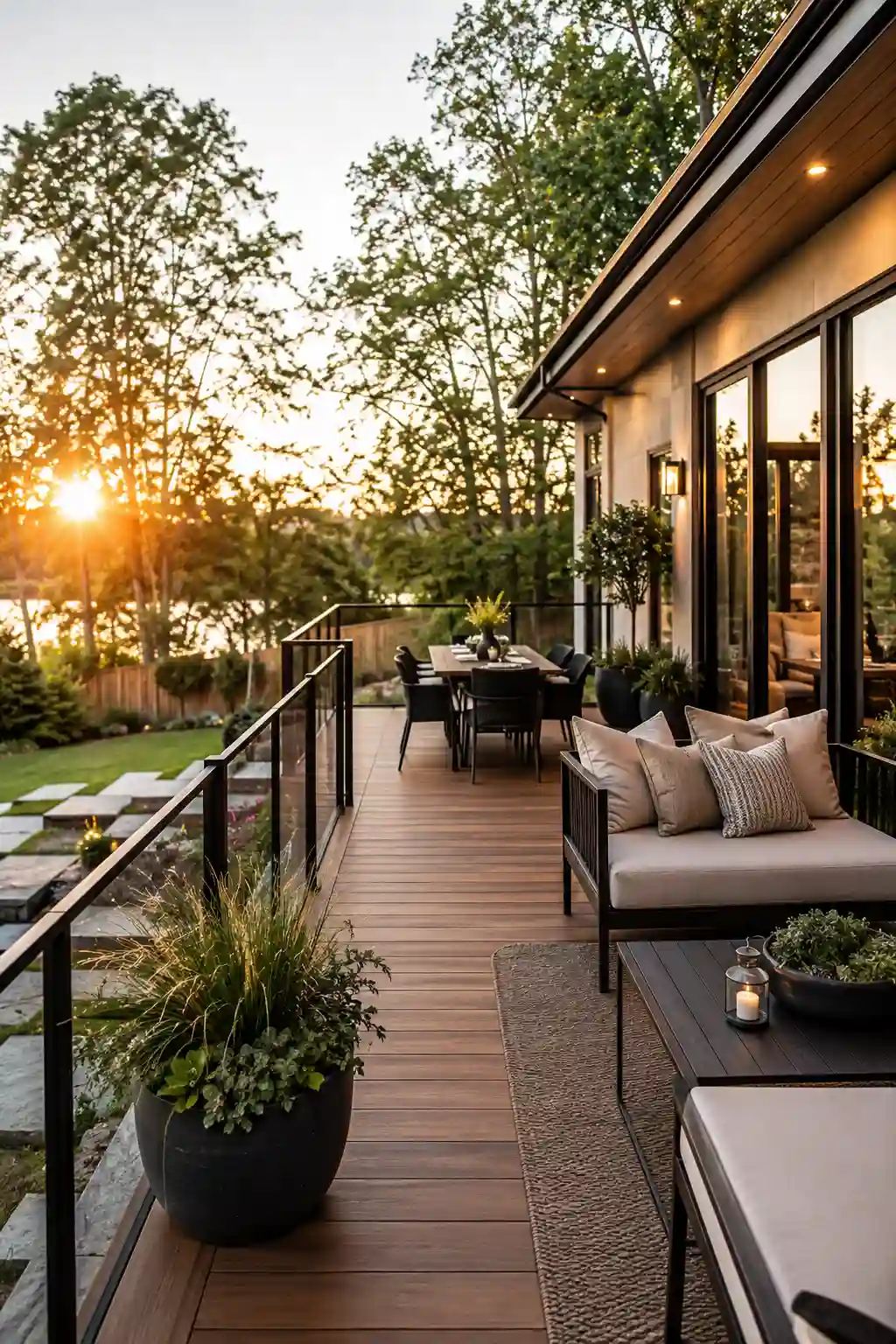 Modern outdoor deck with sleek black railing and stylish patio furniture