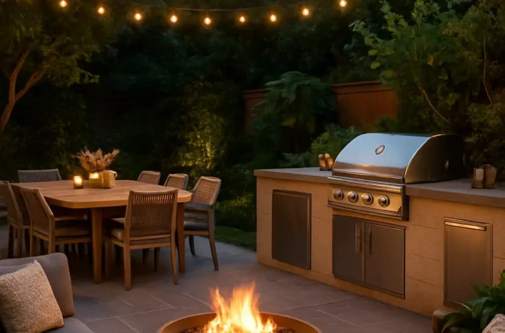 Stylish outdoor BBQ patio featuring a built-in grill, cozy seating, string lights, dining area, and modern entertaining space