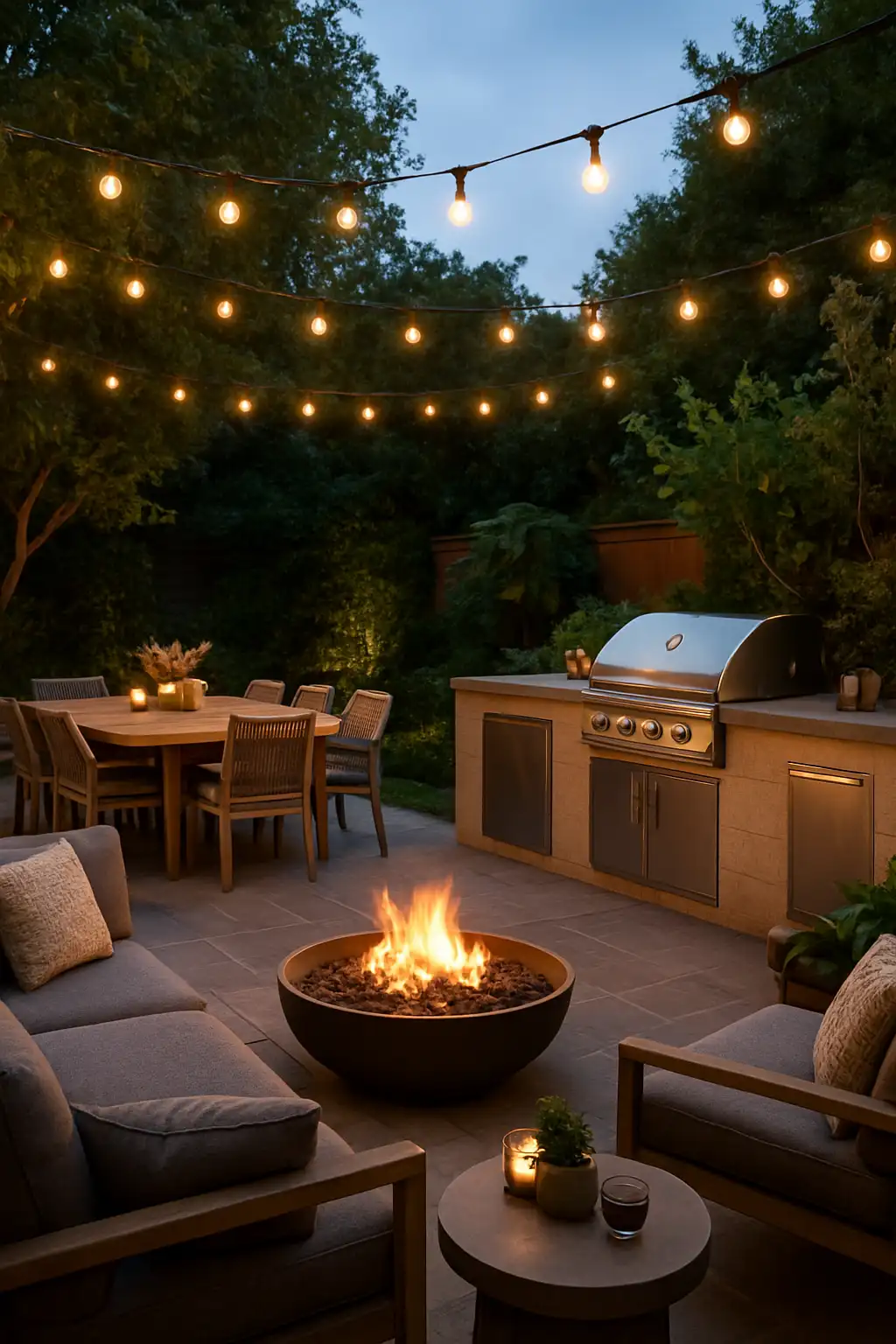 Stylish outdoor BBQ patio featuring a built-in grill, cozy seating, string lights, dining area, and modern entertaining space