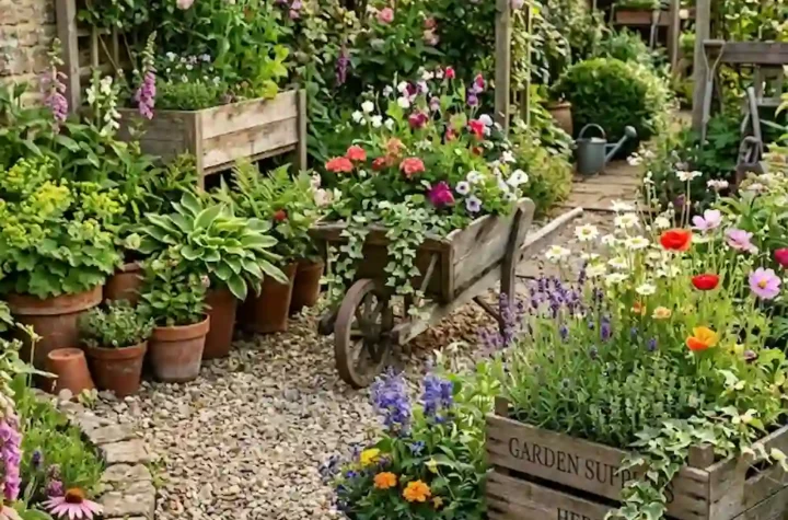 Cozy rustic garden filled with creative vintage planters and colorful flowers