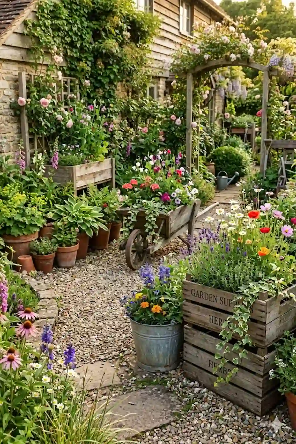 Cozy rustic garden filled with creative vintage planters and colorful flowers