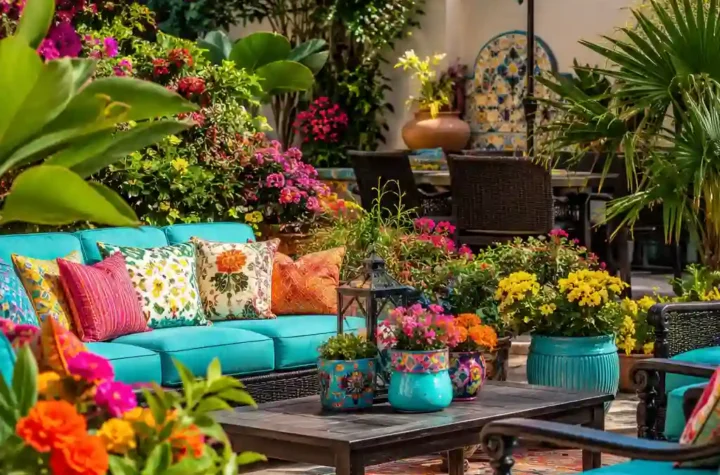 Vibrant colorful backyard with flowers patio furniture and garden decor