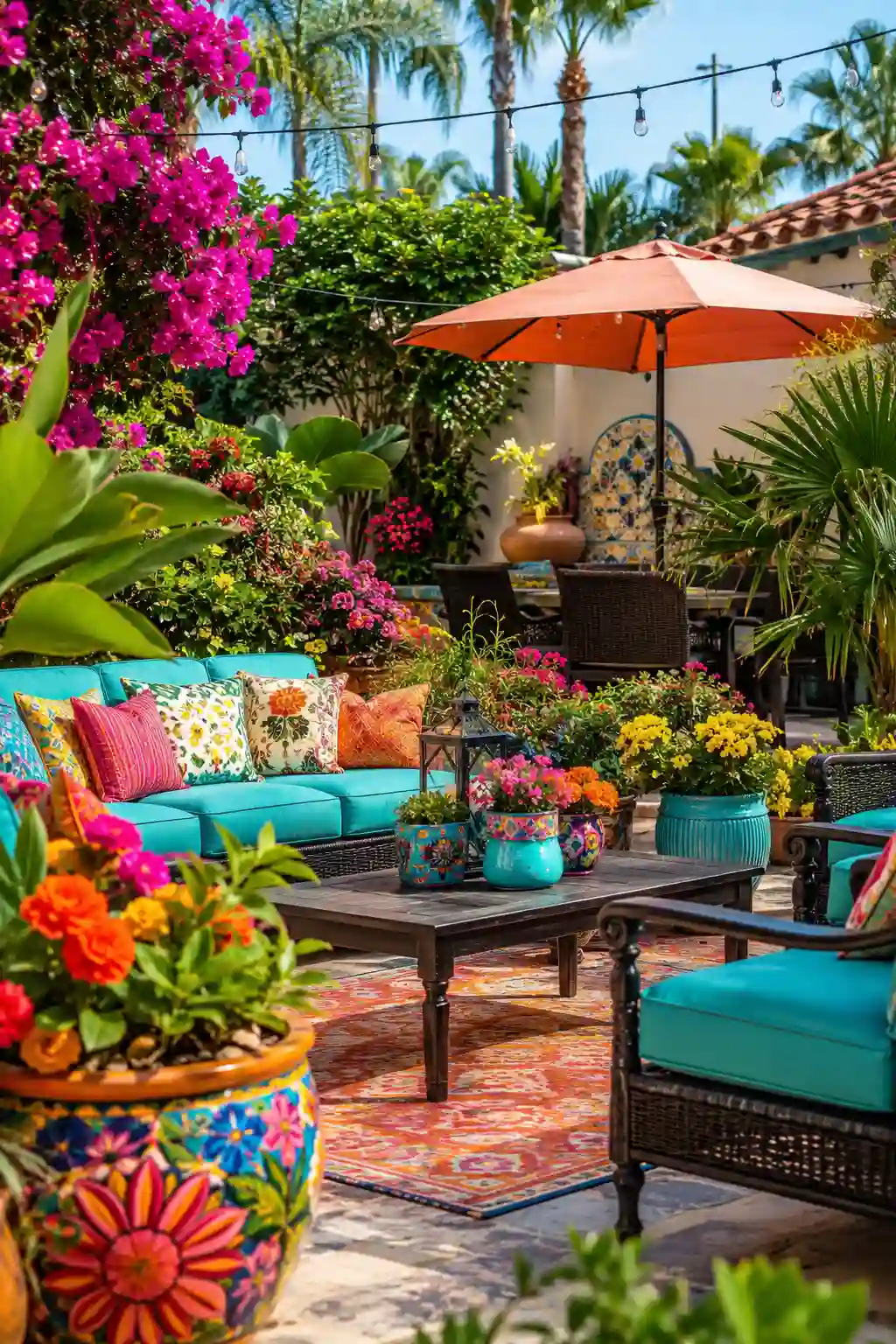 Vibrant colorful backyard with flowers patio furniture and garden decor
