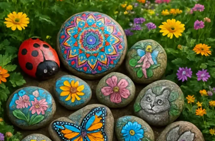 Colorful painted garden rocks featuring ladybugs, flowers, mandalas, animals, and creative DIY designs arranged in a beautiful garden