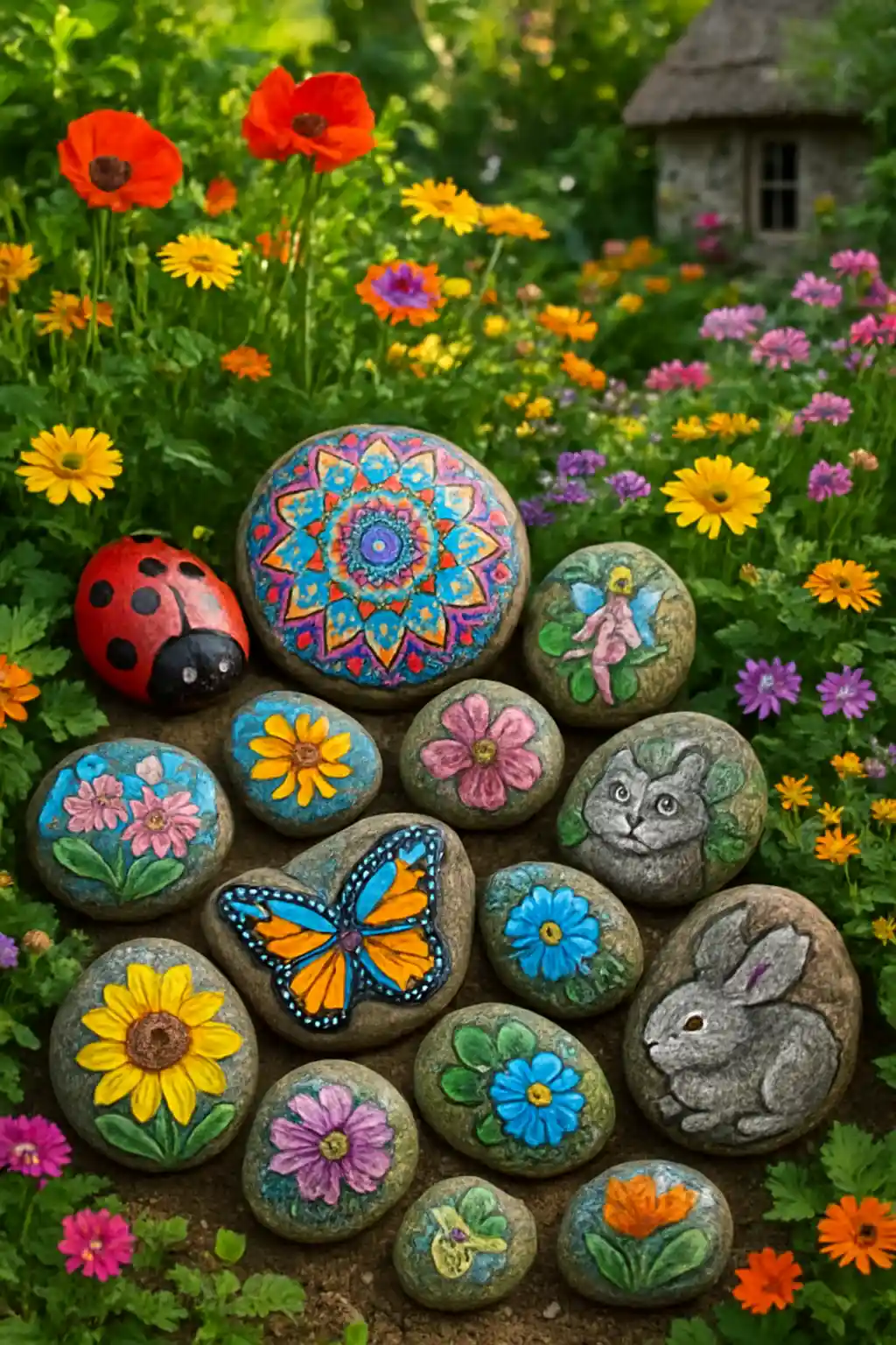 Colorful painted garden rocks featuring ladybugs, flowers, mandalas, animals, and creative DIY designs arranged in a beautiful garden