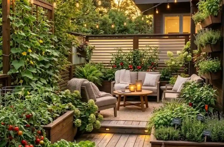 Beautiful vegetable garden with raised beds and lush greenery