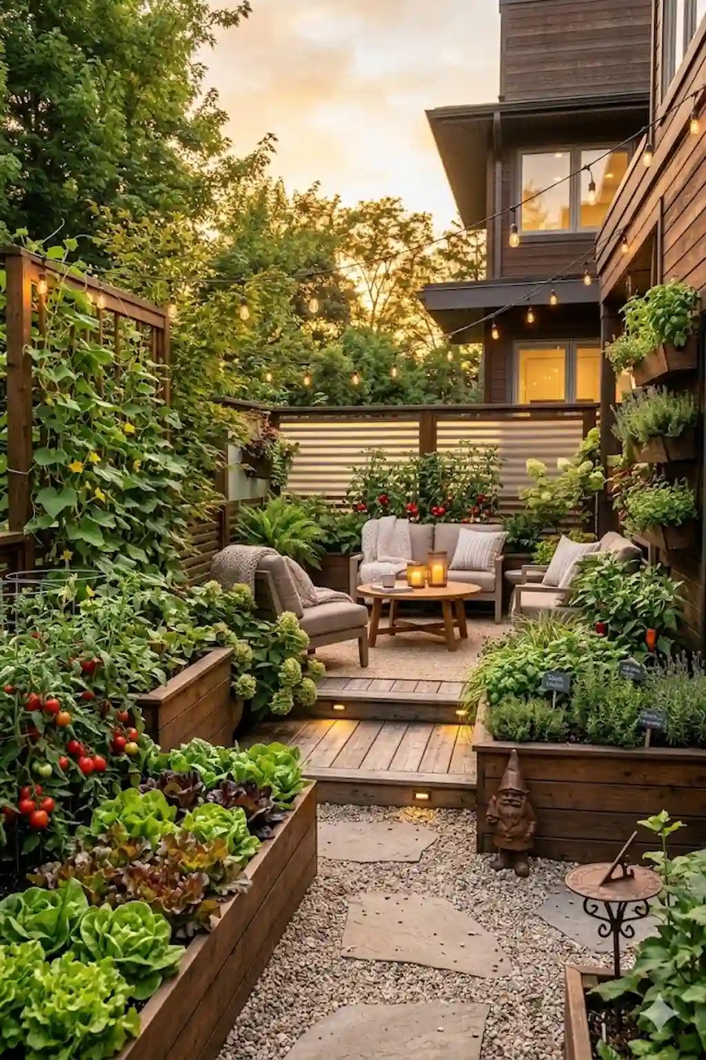 Beautiful vegetable garden with raised beds and lush greenery