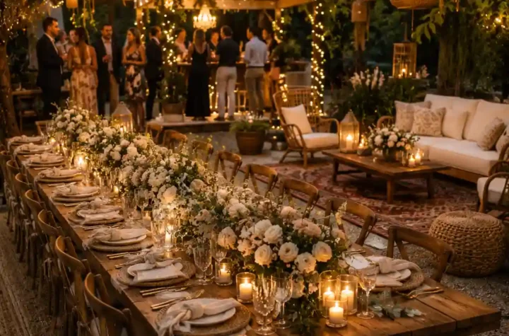 Elegant outdoor garden party with string lights, floral tablescape, and cozy seating