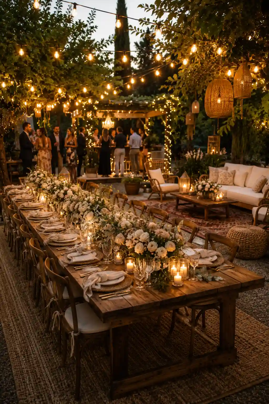 Elegant outdoor garden party with string lights, floral tablescape, and cozy seating