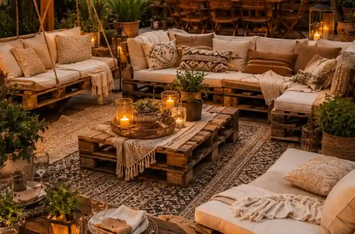 DIY pallet garden furniture ideas with cozy outdoor seating, rustic decor, and budget-friendly backyard inspiration