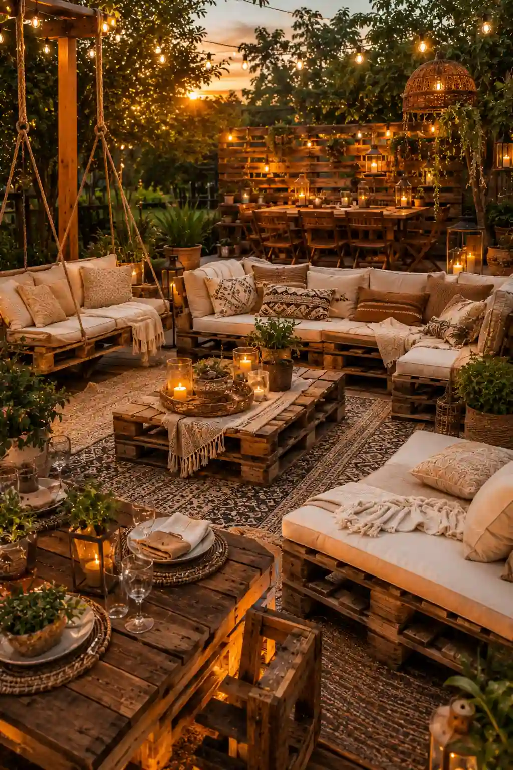 DIY pallet garden furniture ideas with cozy outdoor seating, rustic decor, and budget-friendly backyard inspiration