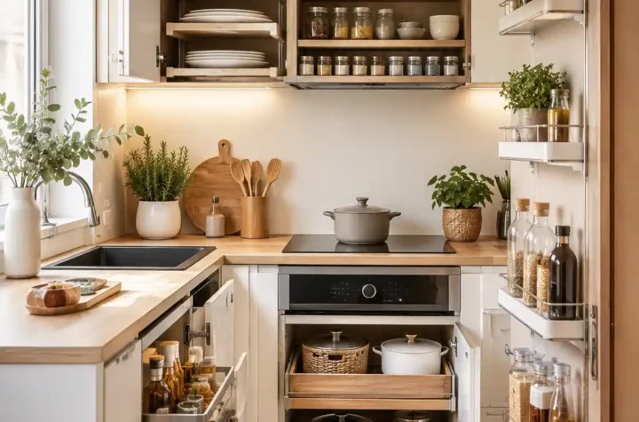 Small modern kitchen with smart cabinet organization ideas and space-saving storage solutions