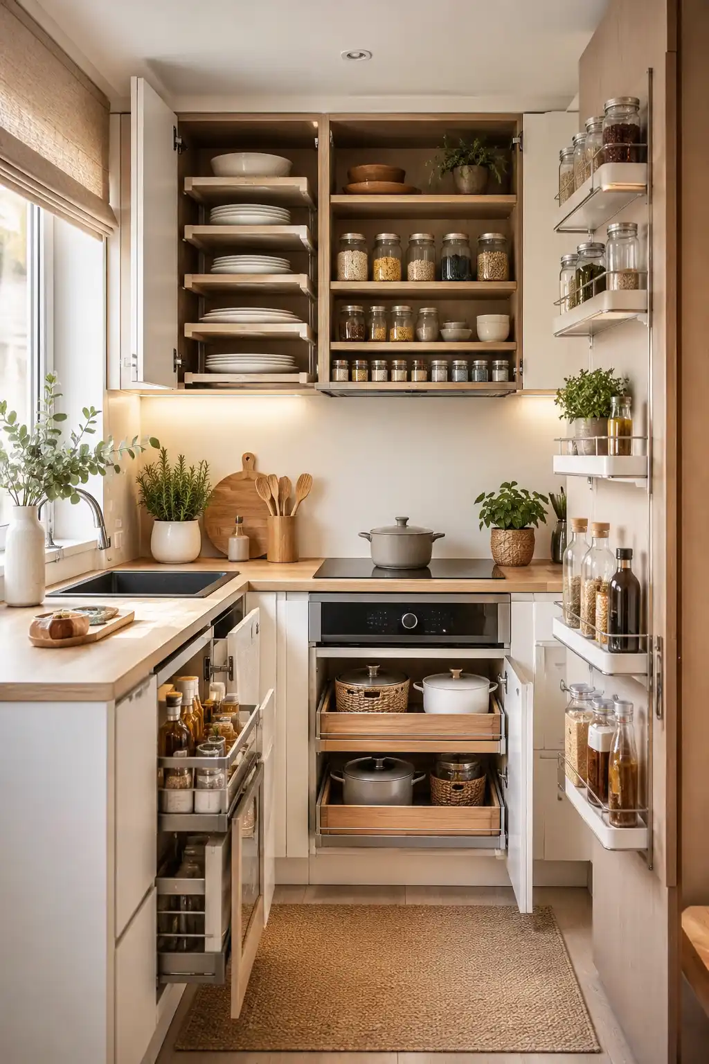 Small modern kitchen with smart cabinet organization ideas and space-saving storage solutions