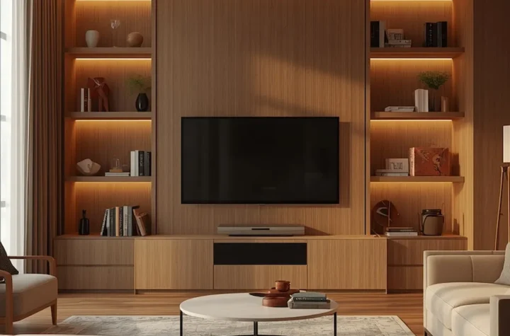 Cozy modern living room with aesthetic TV cabinet, warm wood finishes, ambient lighting, and stylish entertainment wall