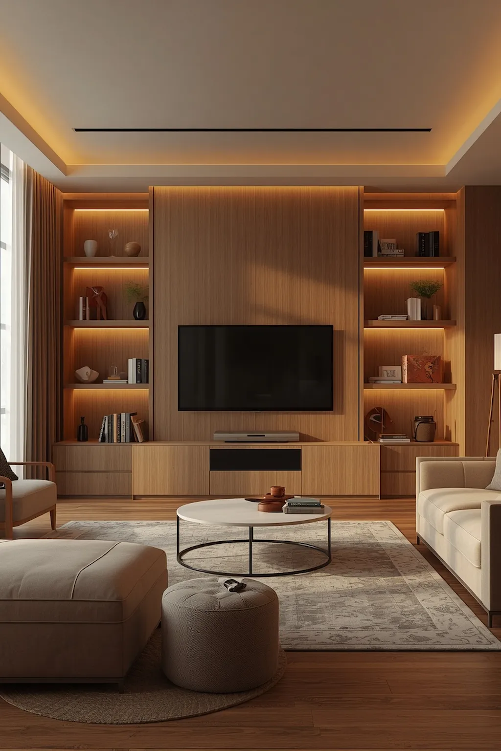 Cozy modern living room with aesthetic TV cabinet, warm wood finishes, ambient lighting, and stylish entertainment wall
