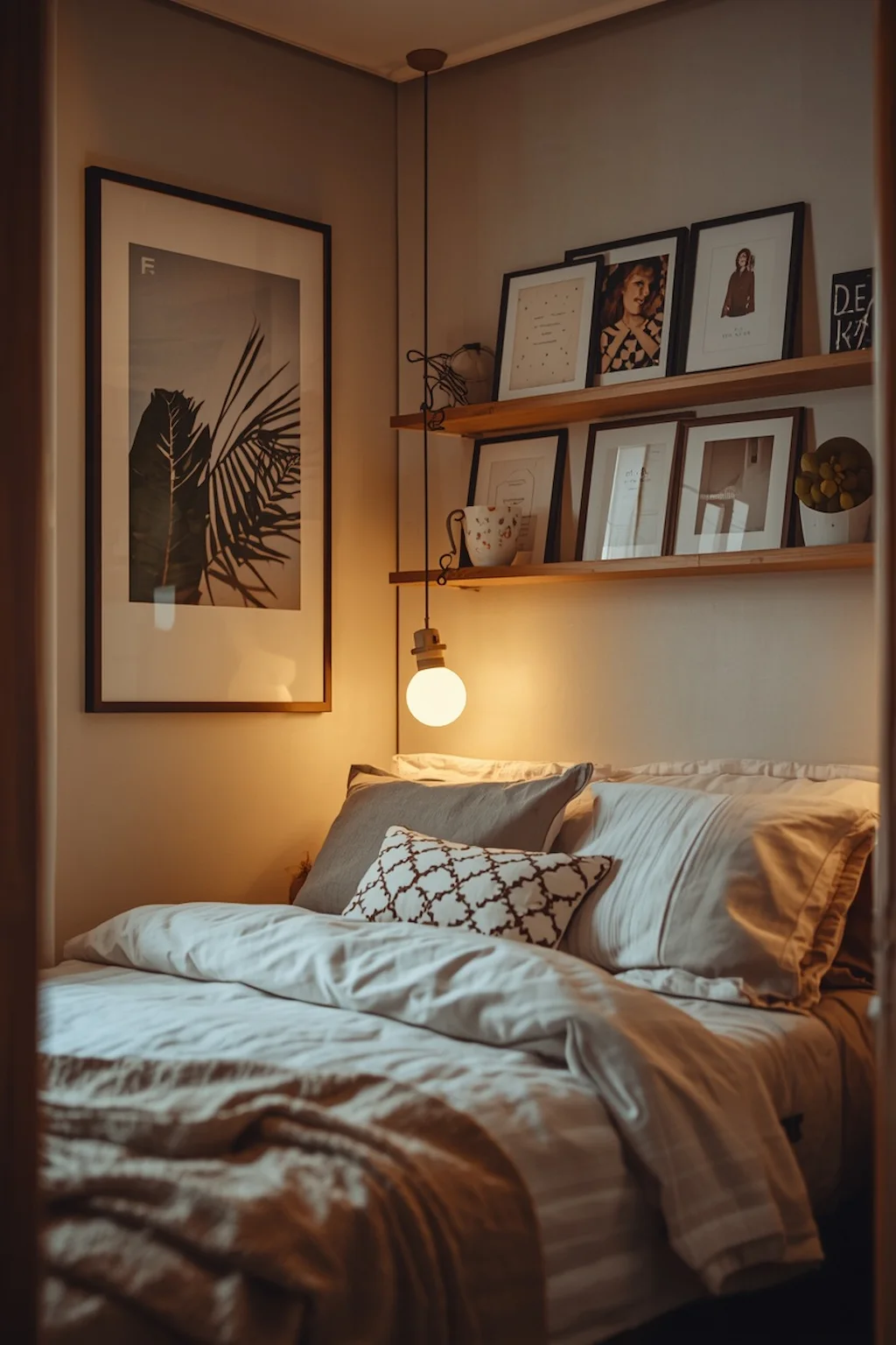 Stylish dorm room wall decorated with art prints and photo collages