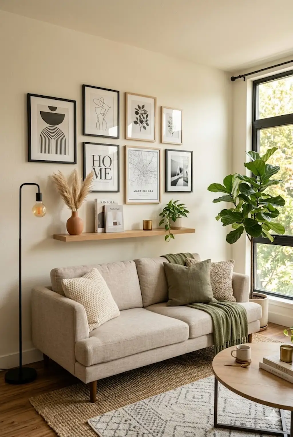 Modern living room with gallery wall art, framed prints, stylish neutral furniture and cozy decorative accents