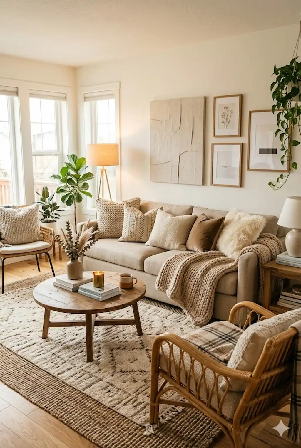 Modern living room with gallery wall art, framed prints, stylish neutral furniture and cozy decorative accents