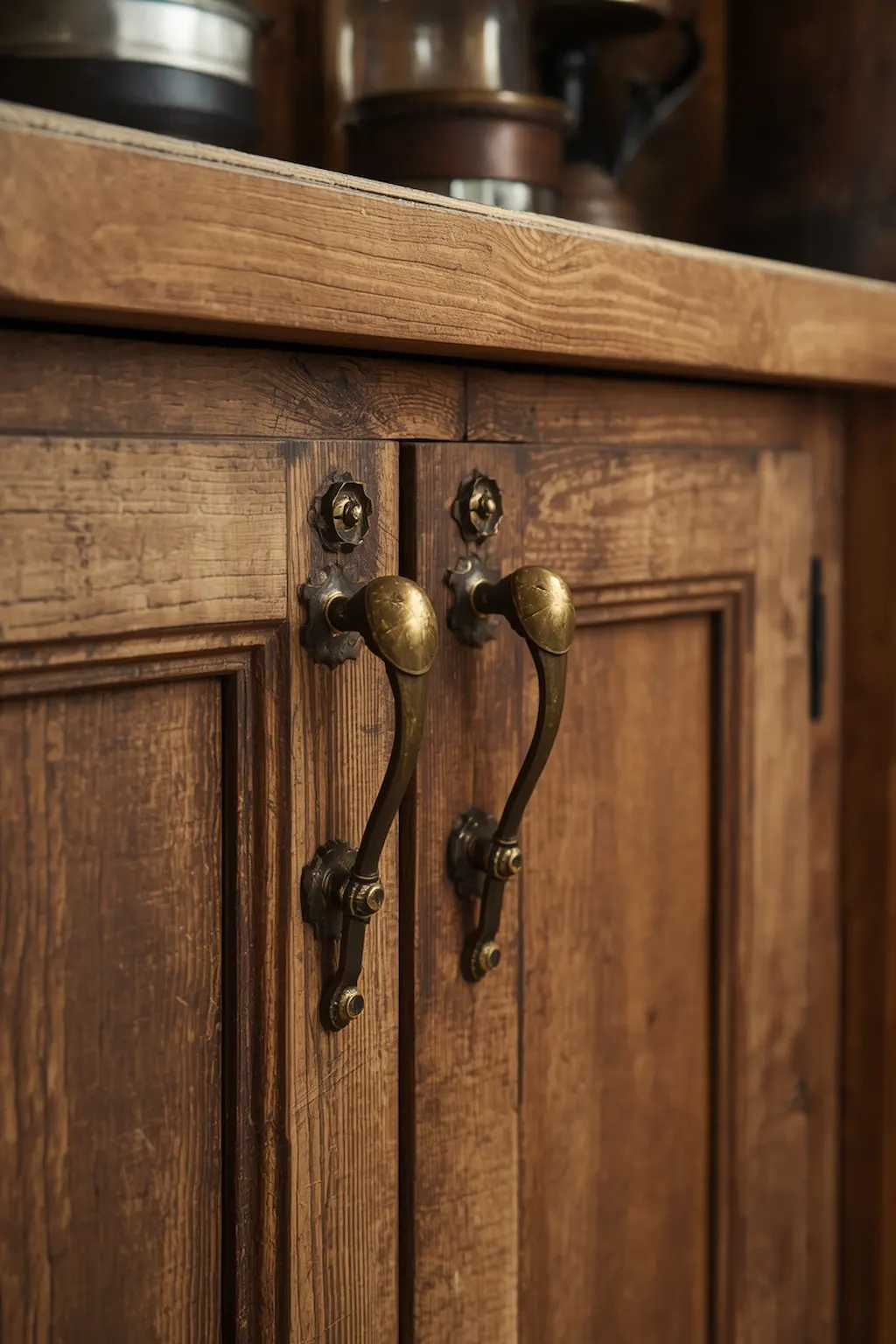 Rustic kitchen with antique brass cabinet hardware
