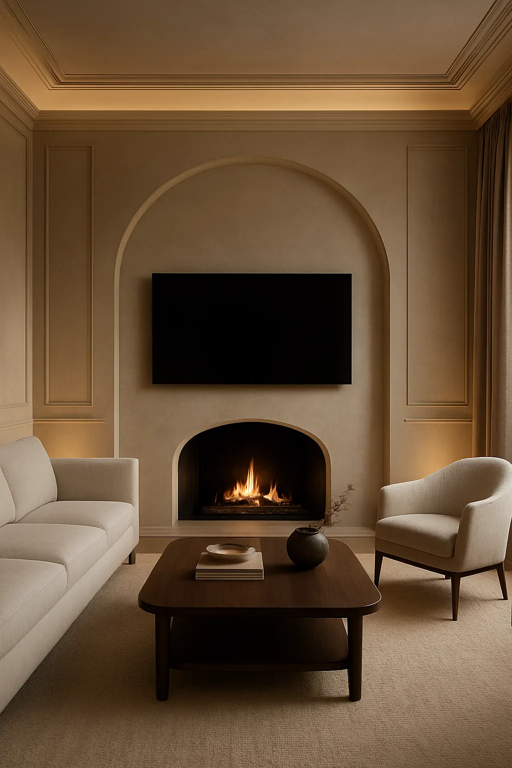 Elegant arched fireplace wall with mounted TV and custom architectural details