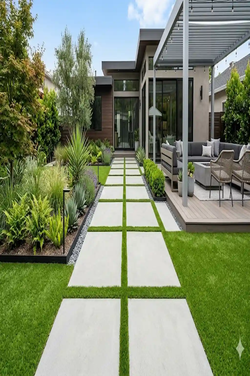 Modern yard with artificial grass installed between large concrete pavers